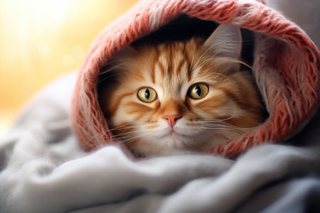 Cute ginger kitten hiding under a warm blanket. Fluffy pet.の素材