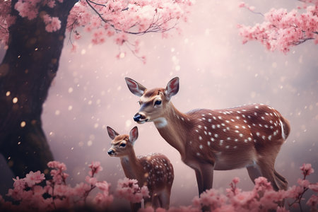 Beautiful fawns in the forest with cherry blossoms.の素材