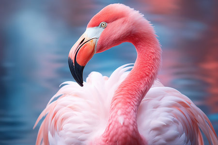 Pink flamingo on the water. Close-up. Shallow depth of field.の素材