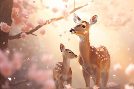Two cute fawns in the spring forest with pink flowers.の素材