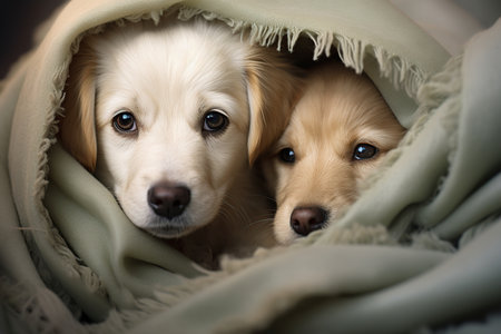 Cute Golden Retriever puppies hiding under blanket, closeupの素材
