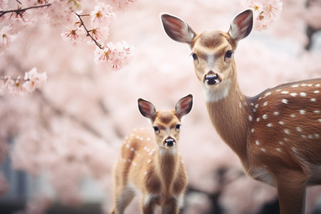 Fawn and fawn with cherry blossom in Nara, Japanの素材