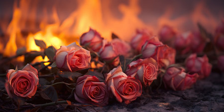Red roses on the background of a burning fire in the night.の素材