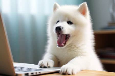 White Siberian Husky puppy dog with laptop at home, closeupの素材