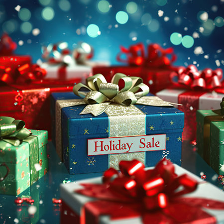 christmas gift boxes with ribbon and bow on bokeh background. Holiday Sale banner.の素材