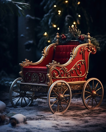 Christmas toy carriage with Christmas tree in a snowy forest. New Year concept.の素材