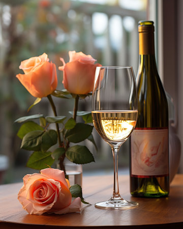 White wine, roses and a bottle of wine on the tableの素材