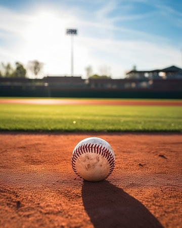 Baseball on the base of a baseball field with copy space.の素材
