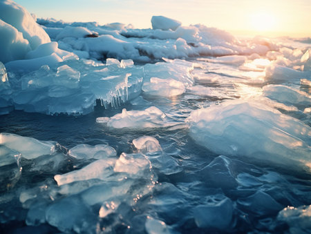 Ice hummocks on Lake Baikal at sunset, Siberia, Russiaの素材