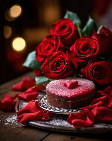 Valentine's day chocolate cake with red roses on wooden backgroundの素材