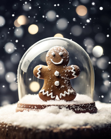 Christmas homemade gingerbread man in snow globe over bokeh backgroundの素材
