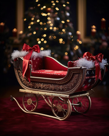 Santa Claus sleigh with gifts on the background of the Christmas treeの素材