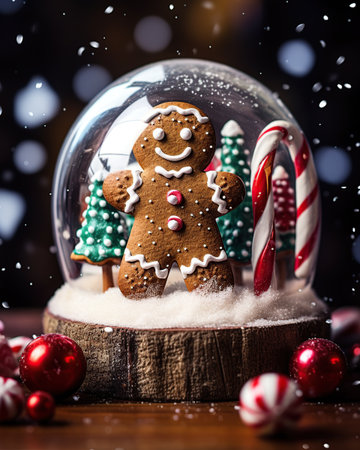Snow globe with gingerbread man and candy canes on wooden backgroundの素材