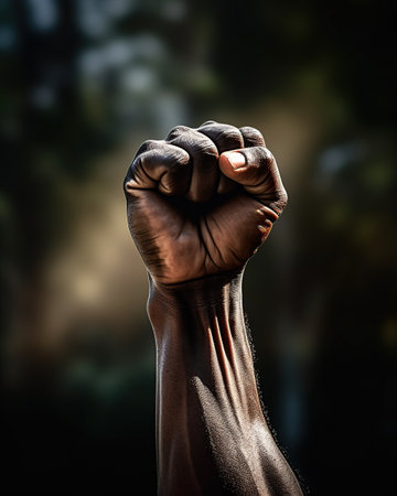 Fist of a man, raised fist in the air, dark backgroundの素材