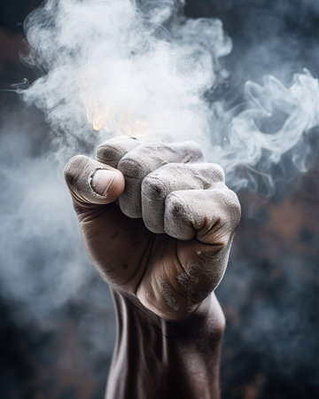 Man's hand with smoke and fire on dark background, close upの素材
