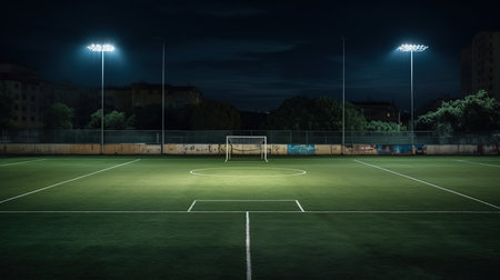 Soccer field at night with lights and shadow in the foreground.の素材