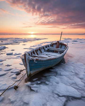 Fishing boat on the shore of the Baltic Sea at sunset.の素材