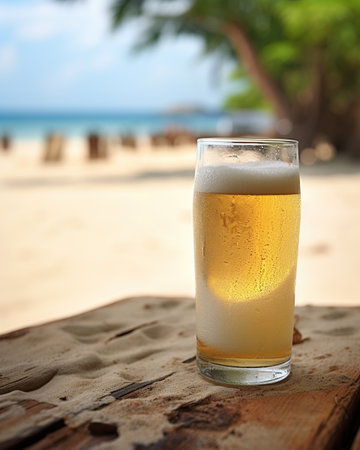 Glass of beer on a wooden table on a tropical beach background.の素材