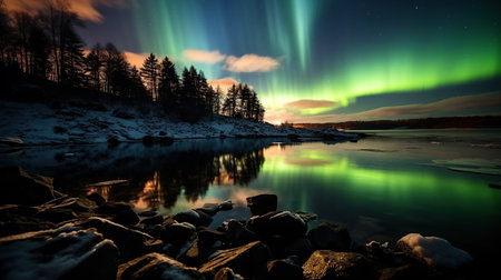 Northern lights over lake in Norway. Long exposure. Long exposure.の素材