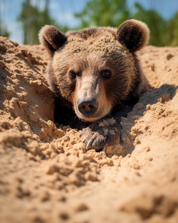 brown bear lies in the sand and looks out of the hole.の素材
