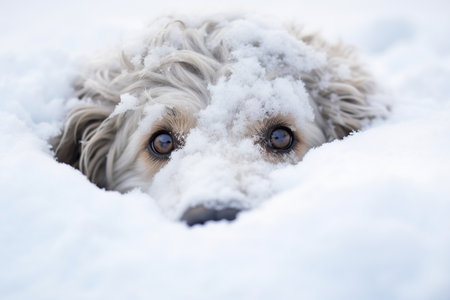 Cute little dog in the snow, winter time. Selective focus.の素材