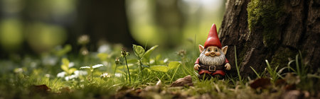 Cute garden gnome sitting on the grass in the forest.の素材