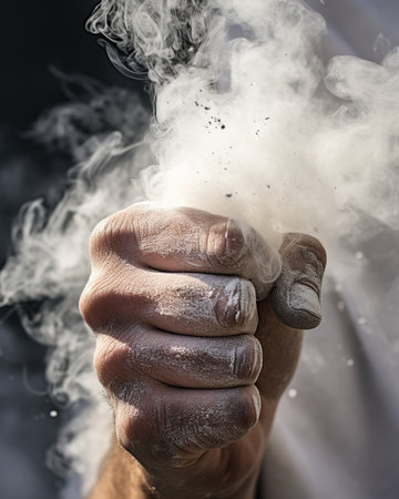 Close up of a man's hand with smoke coming out of itの素材