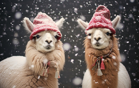 Two cute alpaca in hats and scarves under snowfallの素材