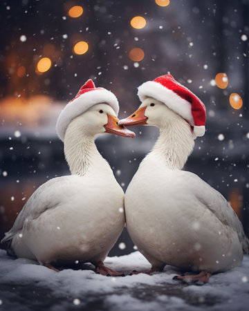 Two white geese in Santa Claus hats on the background of a snowy winter city.の素材