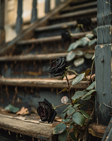 Black roses on the steps of an old abandoned building in the cityの素材