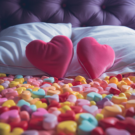 Two red hearts on the bed with pillows. Valentine's day concept.の素材