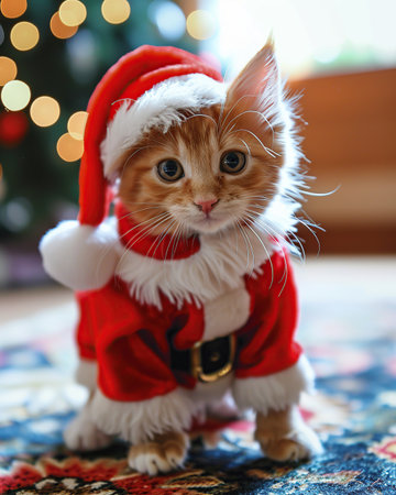 Cute ginger cat wearing santa claus clothes on Christmas backgroundの素材