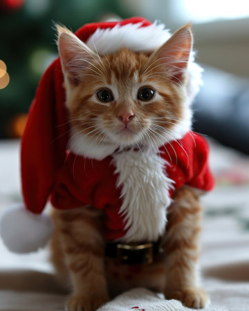 ginger cat wearing santa claus clothes on christmas backgroundの素材