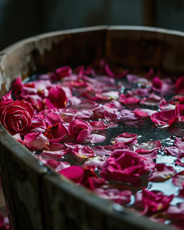 Rose petals floating in a wooden tub. Shallow depth of fieldの素材