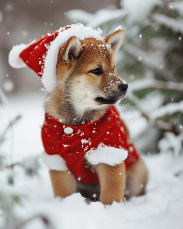 Cute akita inu puppy in red santa claus clothes outdoors in winterの素材