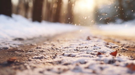 snowfall in the forest, winter background, shallow depth of fieldの素材