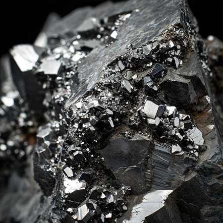 macro shooting of natural mineral rock specimen - pyrite crystals on black backgroundの素材