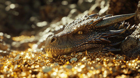 Dragon sleeping on guarded gold treasure, close-up. 3d Render.の素材