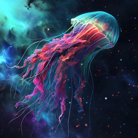 Jellyfish in outer space. Abstract background. 3d renderingの素材