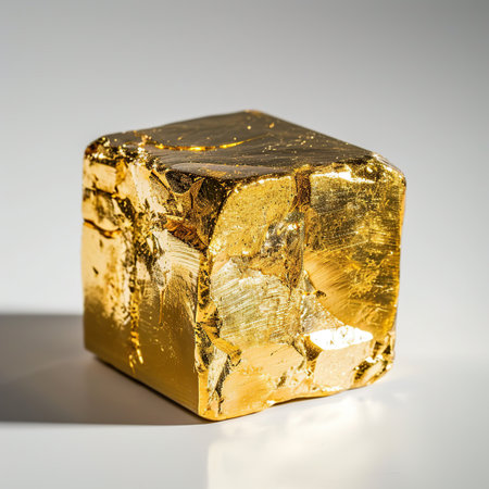 golden cube on a white background with reflection. studio shot.の素材