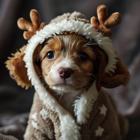 Cute puppy in a winter christmas reindeer costume on a dark background.の素材
