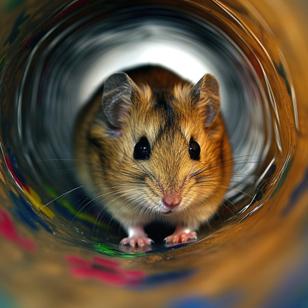 Hamster in a hole in a paper tube. Close-up.の素材