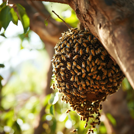 Honeycomb with bees on a tree in the garden. Close-upの素材