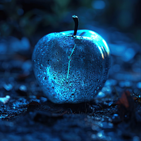Wet blue alien apple on the ground in the forest. Blue tonedの素材