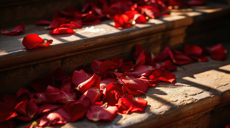 Red rose petals on the steps of an ancient temple in Indiaの素材