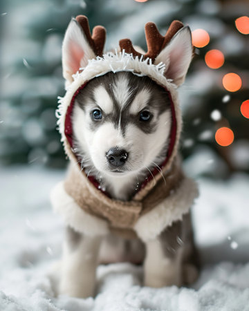 Cute siberian husky puppy wearing christmas hat.の素材