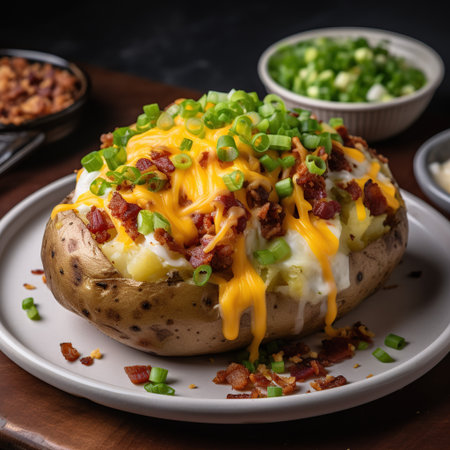 Baked potato with bacon, cheese and chives, selective focusの素材