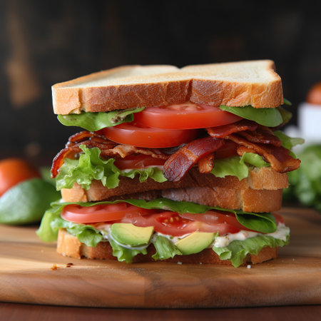 Tasty BLT sandwich with bacon and vegetables on wooden board, closeupの素材