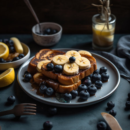 French toast with banana, blueberries and honey. Dark background.の素材