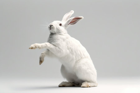 Studio shot of a white rabbit isolated on grey background with copy space.の素材